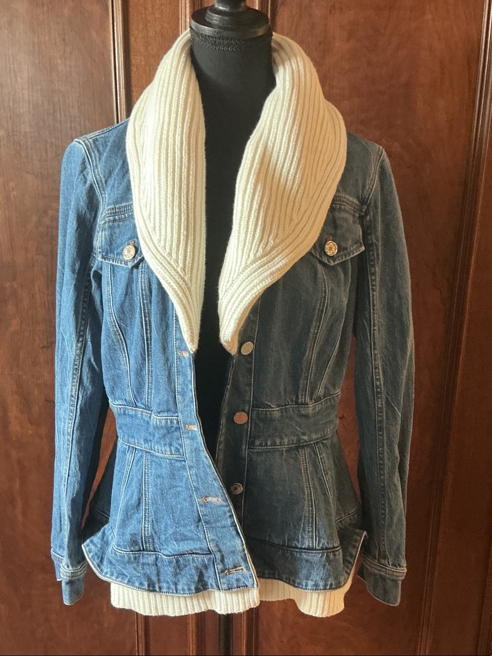 White House Black Market Denim Jacket with White Knit Collar and Trim